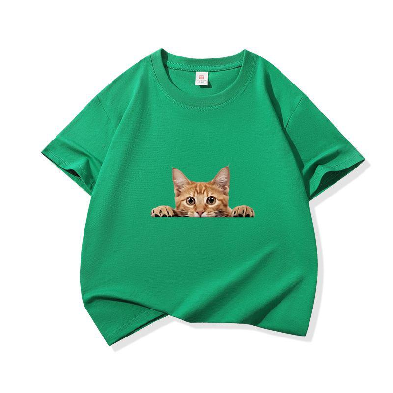 Kids Cotton T Shirt Playful Peeking Orange Tabby Cat Graphic Crew Neck Short Sleeve Tee Casual Breathable Boys Girls Summer Tops