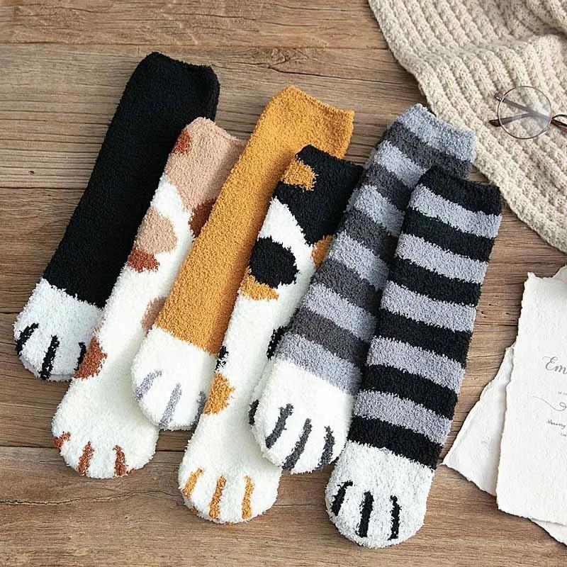 6 Pairs Autumn Winter Coral Velvet Socks Cute Cat Claw Socks For Women Girls Middle Tube Thickened Sleep Socks Home Floor Socks