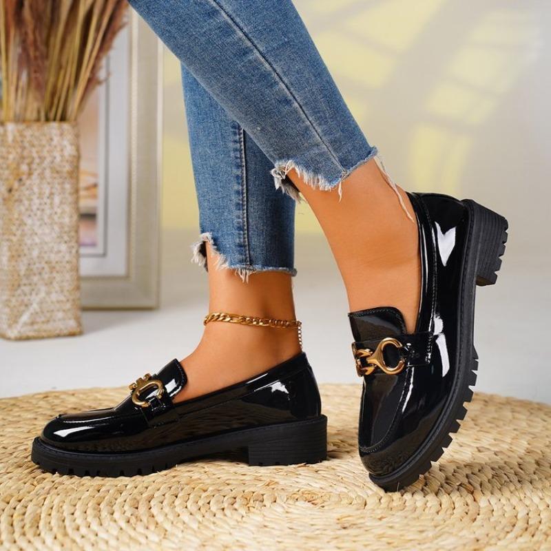 Women's Patent Leather Slip-On Loafers, Round Toe Thick Sole Flats, Plus Size Fashion Shoes