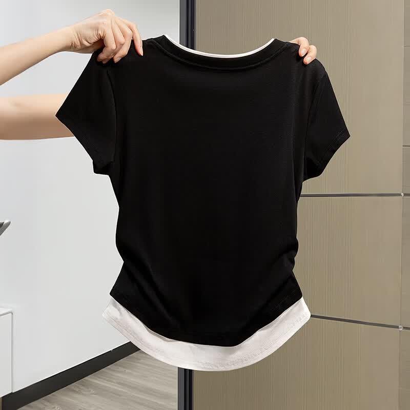 Damen Farbblock Slim Fit Kurzarm T-Shirt