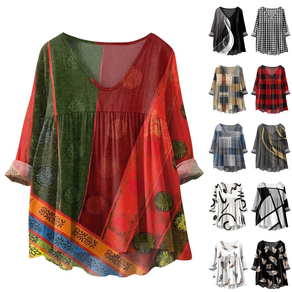 Women's Fashionable And Casual Shirt Long-sleeved V-neck Print Cotton And Linen Blouse