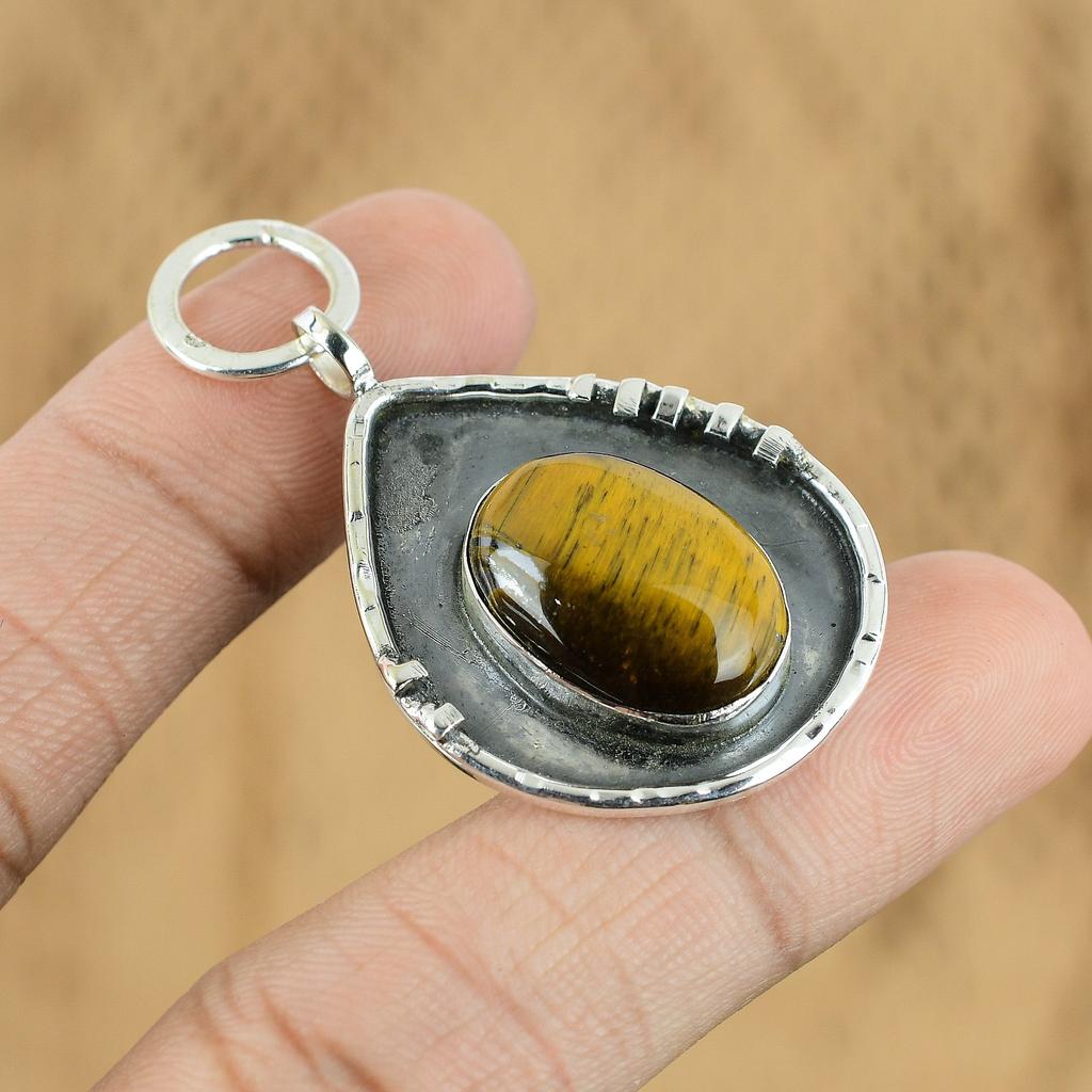 Natural Tiger'S Eye Gemstone Pendant 925 Sterling Silver Jewelry For Girls