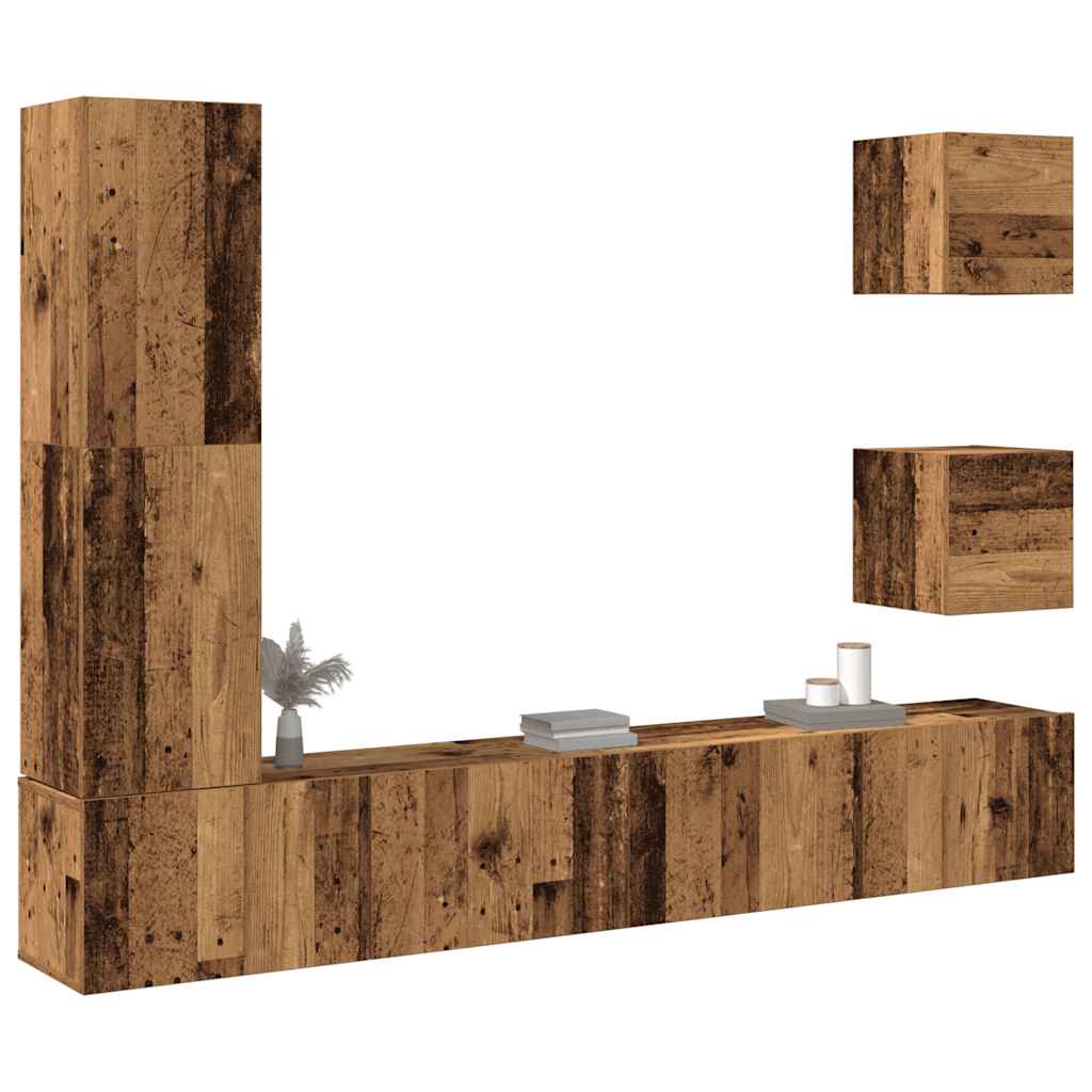 5 piece wall mounted TV cabinet set rustic wood look engineered wood