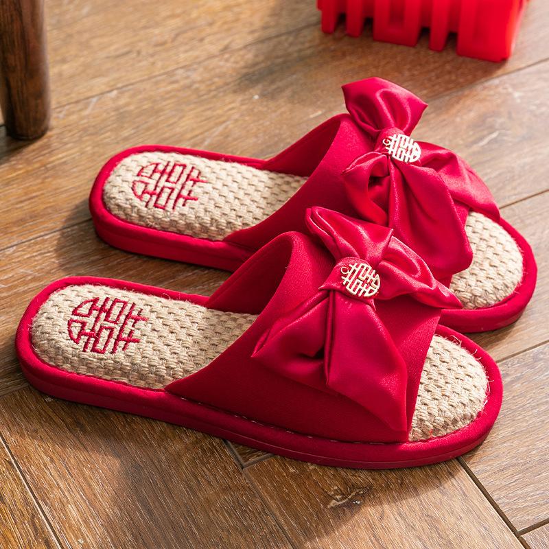 

Wedding slippers red female linen summer spring autumn four seasons wooden floor soft home wedding celebration pair 36-37 (suitable for 35-36 feet)