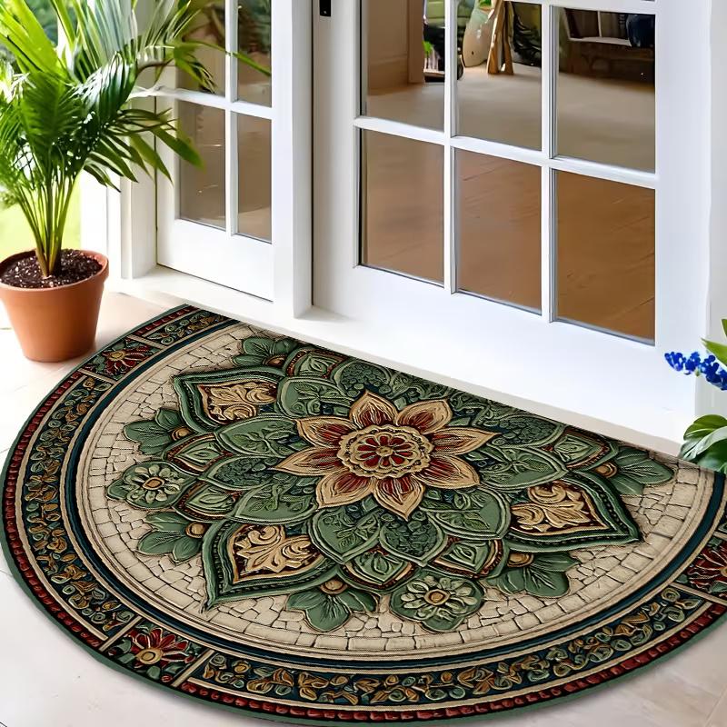 1Pcs Green Mosaic Floral Semi Circle Welcome Doormat Non-Slip for Outdoor Patio Porch Kitchen Bathroom Entryway Floor Mat