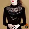 Vintage Women Fleece Diamonds Black Slim T-Shirt Autumn Winter Patchwork Lace Hollow Out Half High Neck Casual Long Sleeve Tops