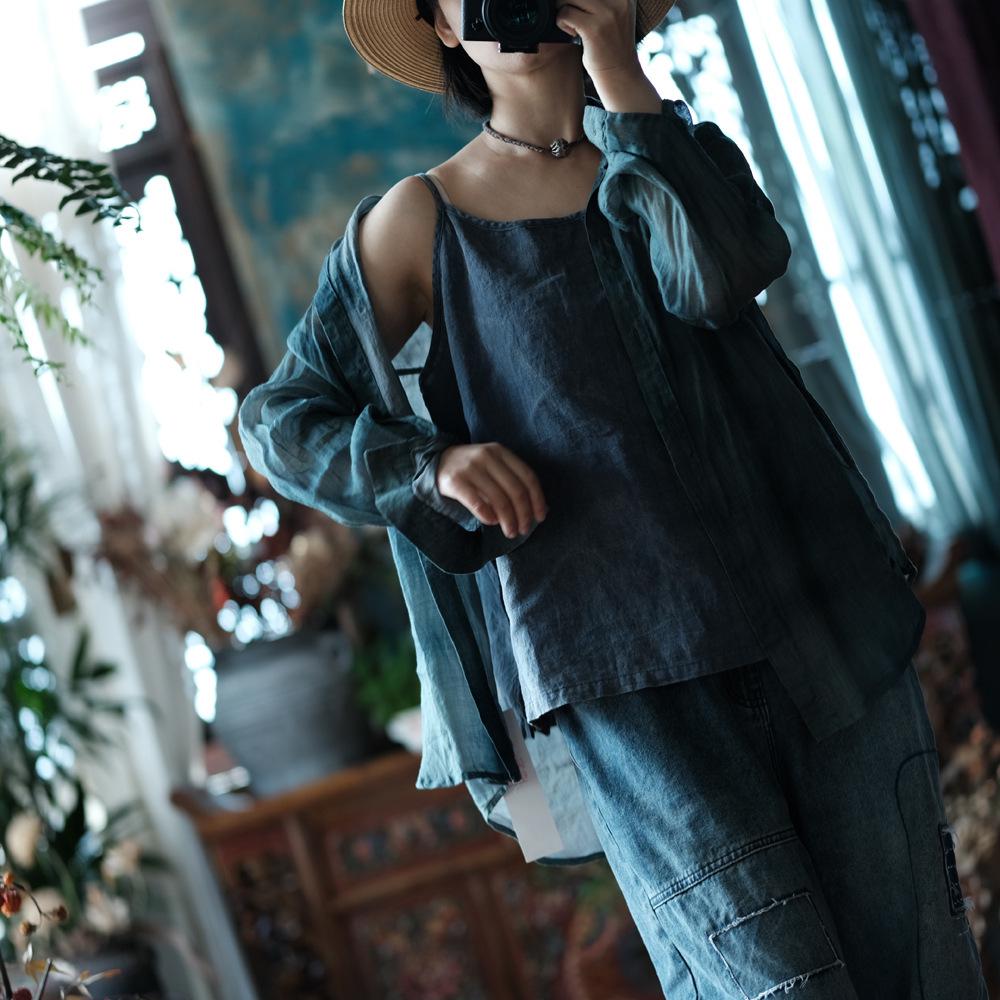 Luo Gu Ni Retro Washed Linen Loose Cardigan Shirt - Artistic Design, Light Shallow