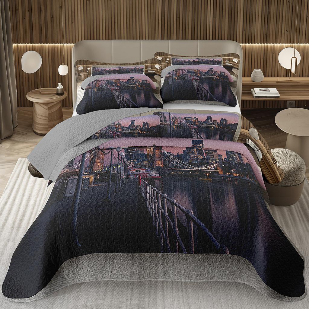 City Landscape Quilted Bedspread Set Cityscape Artwork Queen Bedding Set Colorful River Business District Coverlet For Girls Man