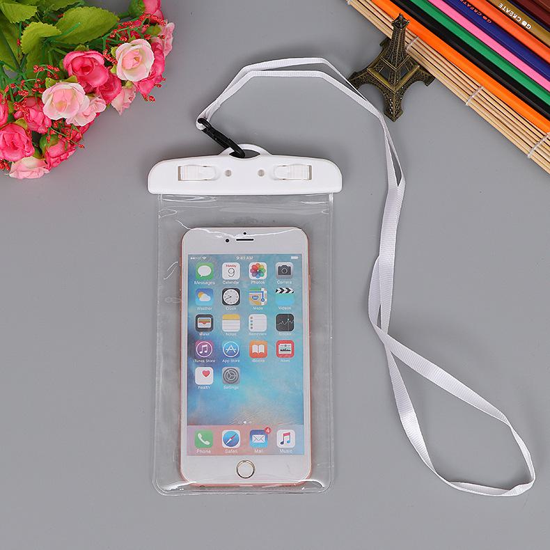 Transparent waterproof phone bag with classic style, touch screen access, neck strap for hot spring use.