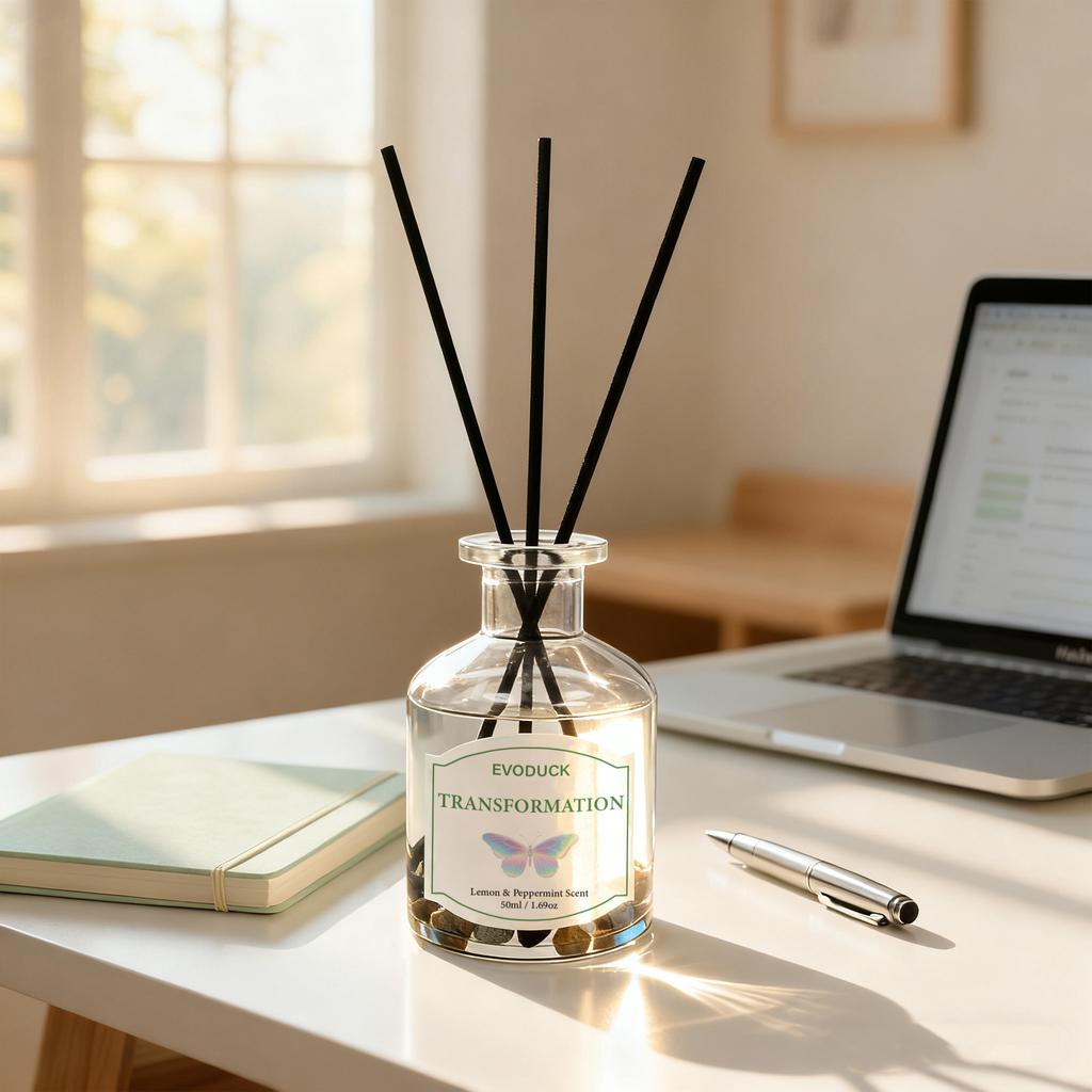 Non-Flaming Fragrance Diffuser, Flameless Lemon Peppermint Oil With Reed Diffuser Stick Home Room Air Freshener Decor 50ml