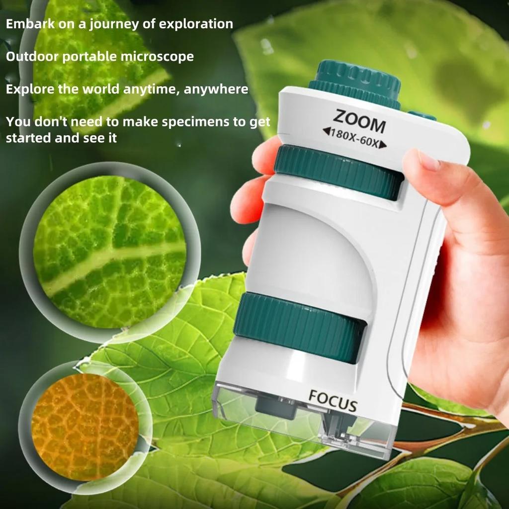 Kids Microscope Toy 60-180X Magnifying Science Educational Kit with 12 Slides Learning Gift for Children Classroom Home Camping