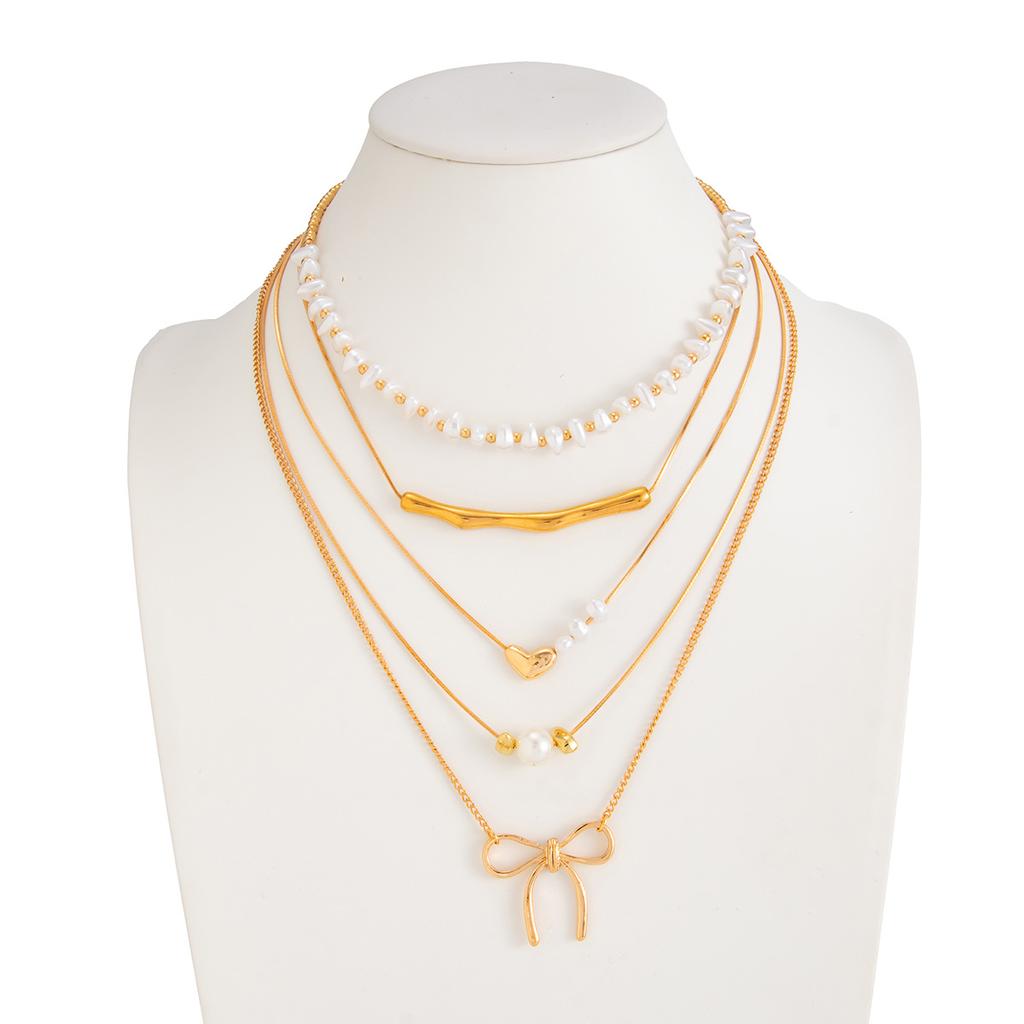 Wind Imitation Pearl Beads Stacked Necklace, Sweet And Cool Love Bow Elbow Collarbone Chain Necklace