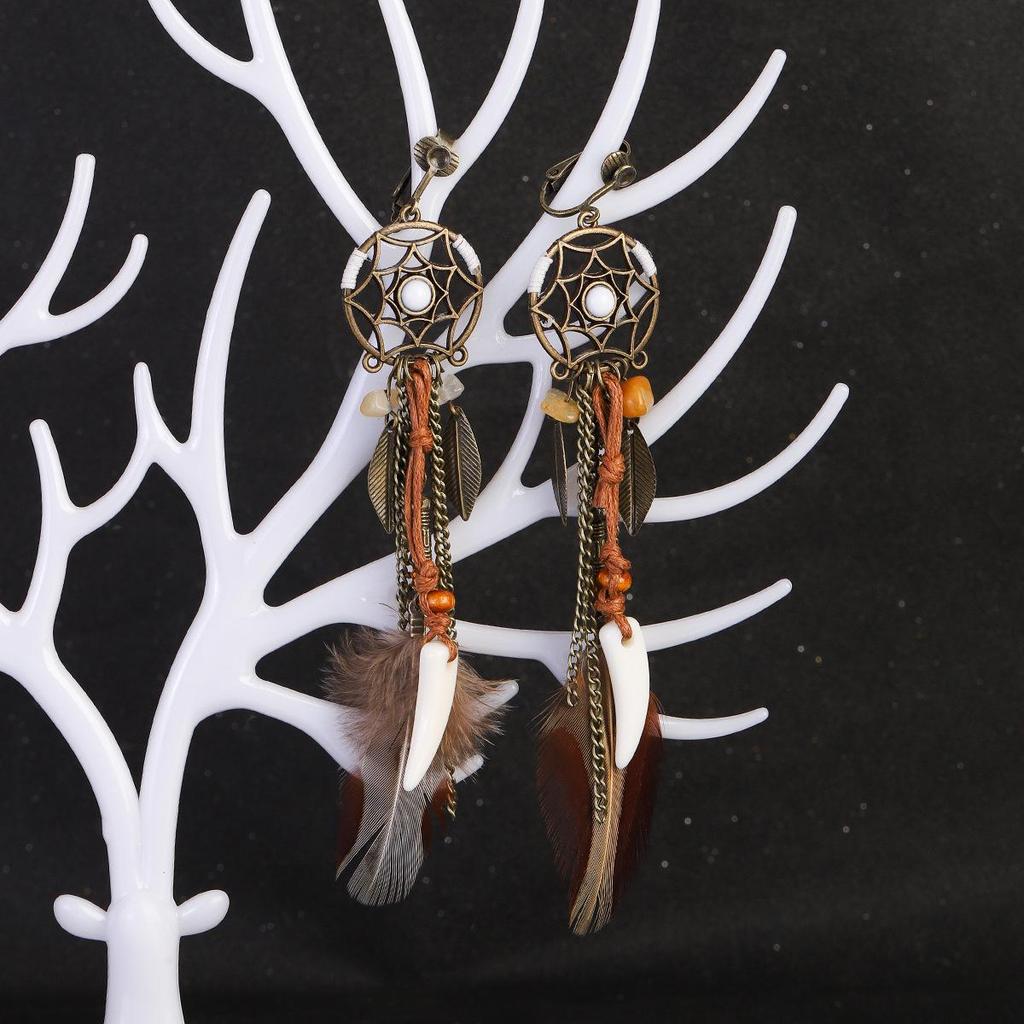 Yunnan Ethnic Bohemian Feather Earrings - Exaggerated No-Pierce Clips for Women