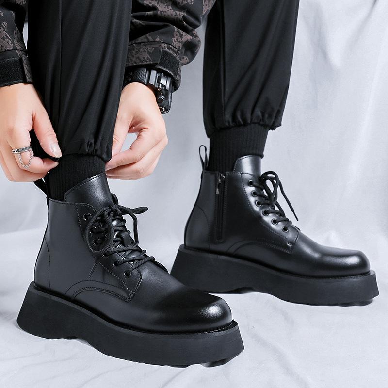 New Derby Martin Boots Men's Black High-top Leather Shoes Locomotive Boots Breathable Heightening Leather Boots 22611-R