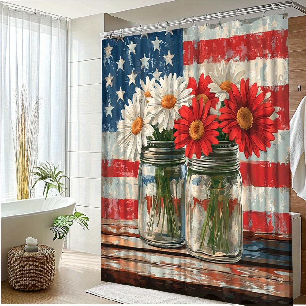

1Pc Patriotic Floral Shower Curtain With Mason Jar Design - American Flag Stars & Stripes & White Daisies Red Gerbera Decor, W60H190(CM)-1 Pcs