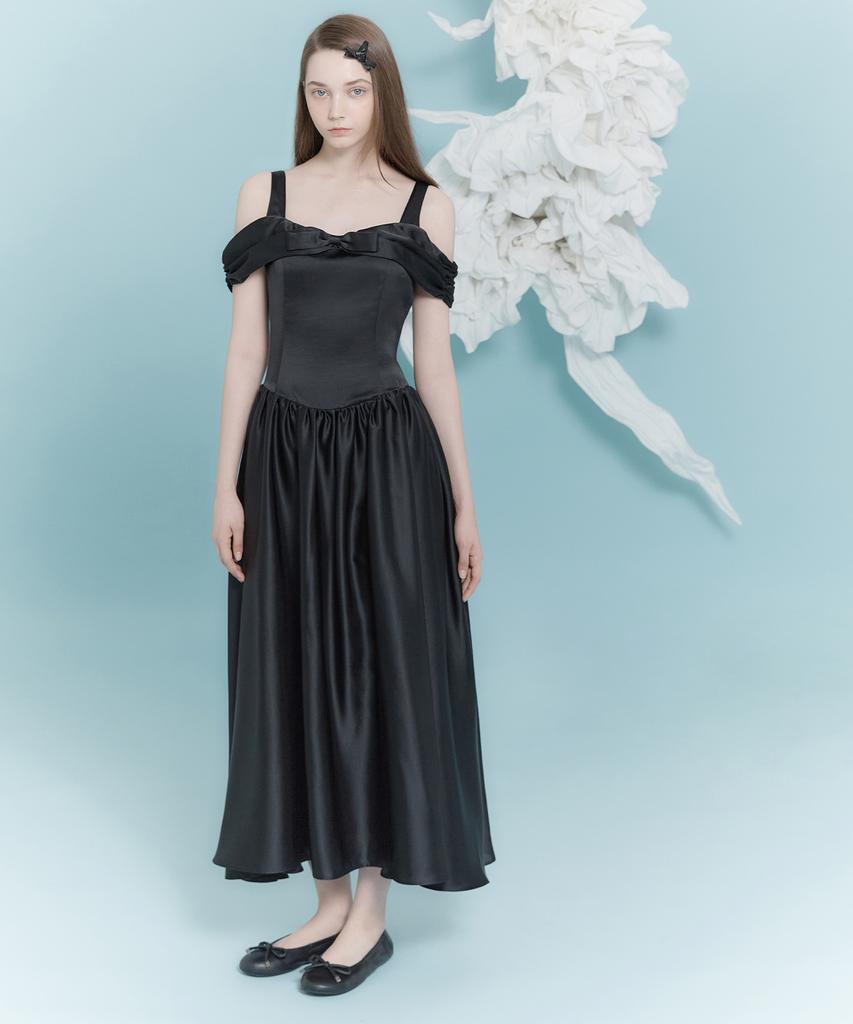Deotiseu Satin Ribbon Off Shoulder Dress_Tt4S608Bk