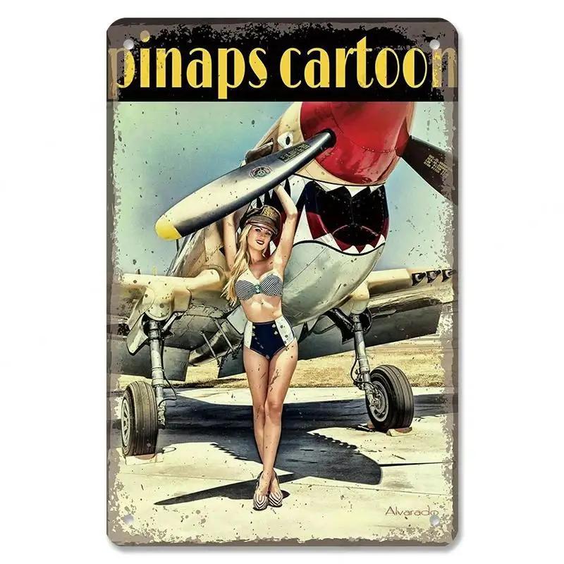 Vintage Metal Sexy Girl Pin Up Girls Plaque Tin Signs Cola Beer Airplane Metal Poster Retro for Bar Pub Club Home Wall Art Decor