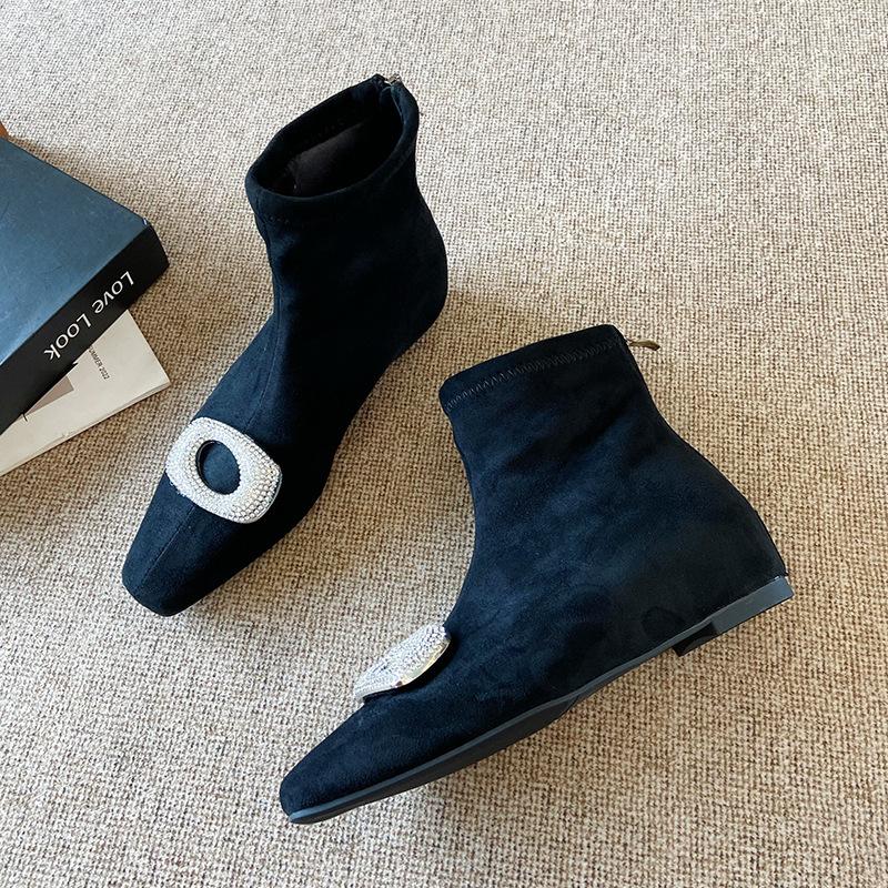 8071-2 Xiaoxiangfeng Black Rhinestone Inner Heightening Short Boots Women's Shoes 2025 Autumn and Winter Thin Elastic Thin Boots