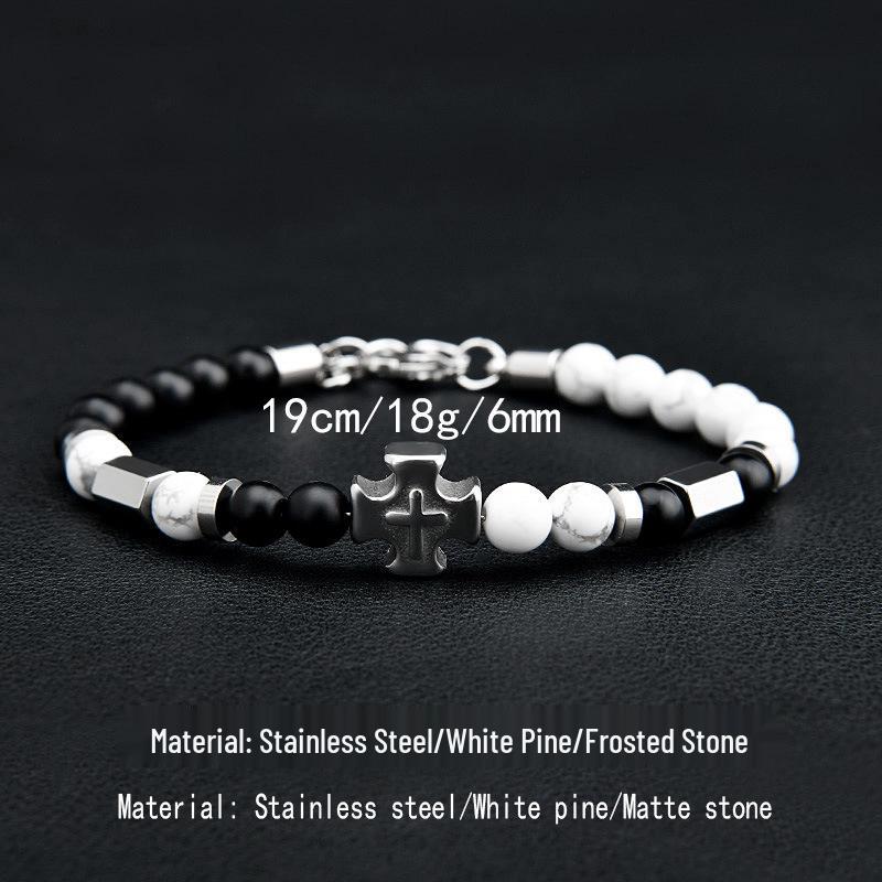 Stainless Steel Double-Sided Cross & Tiger Eye Beaded Bracelet for Men, Adjustable European & American Style