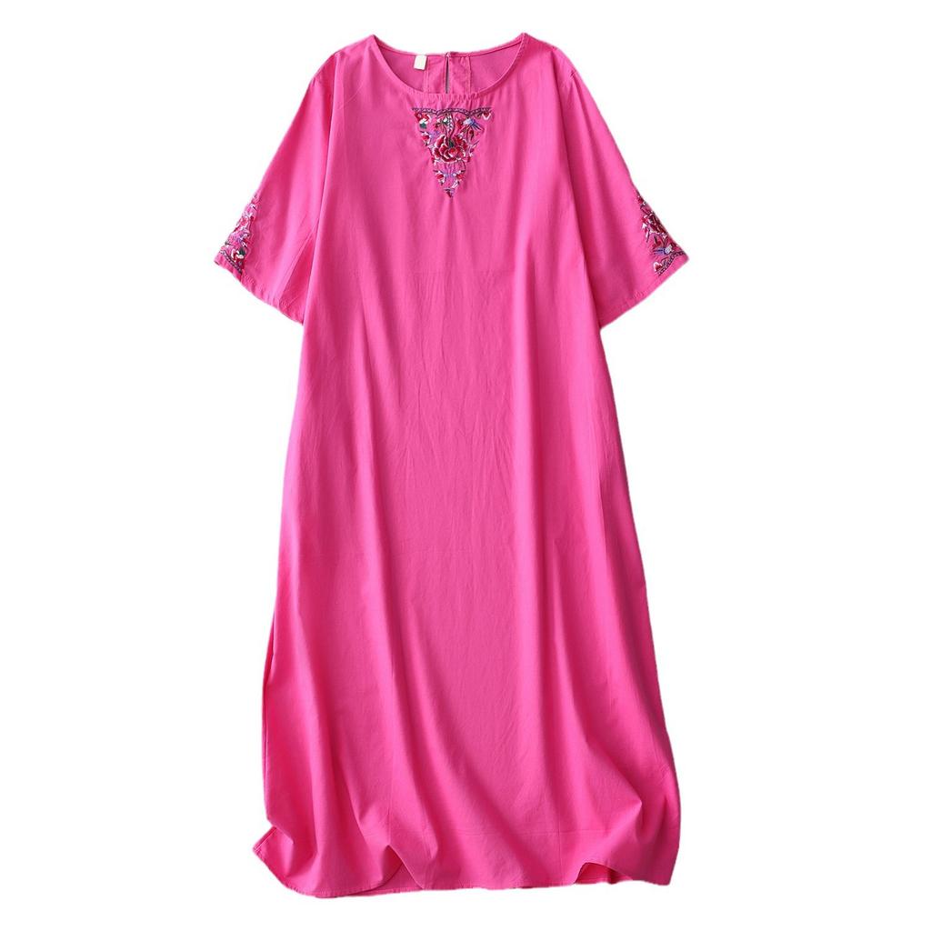 Heavy industry embroidered cotton and linen dress women's 2025 summer new loose and thin round neck five-quarter sleeve temperament medium and long