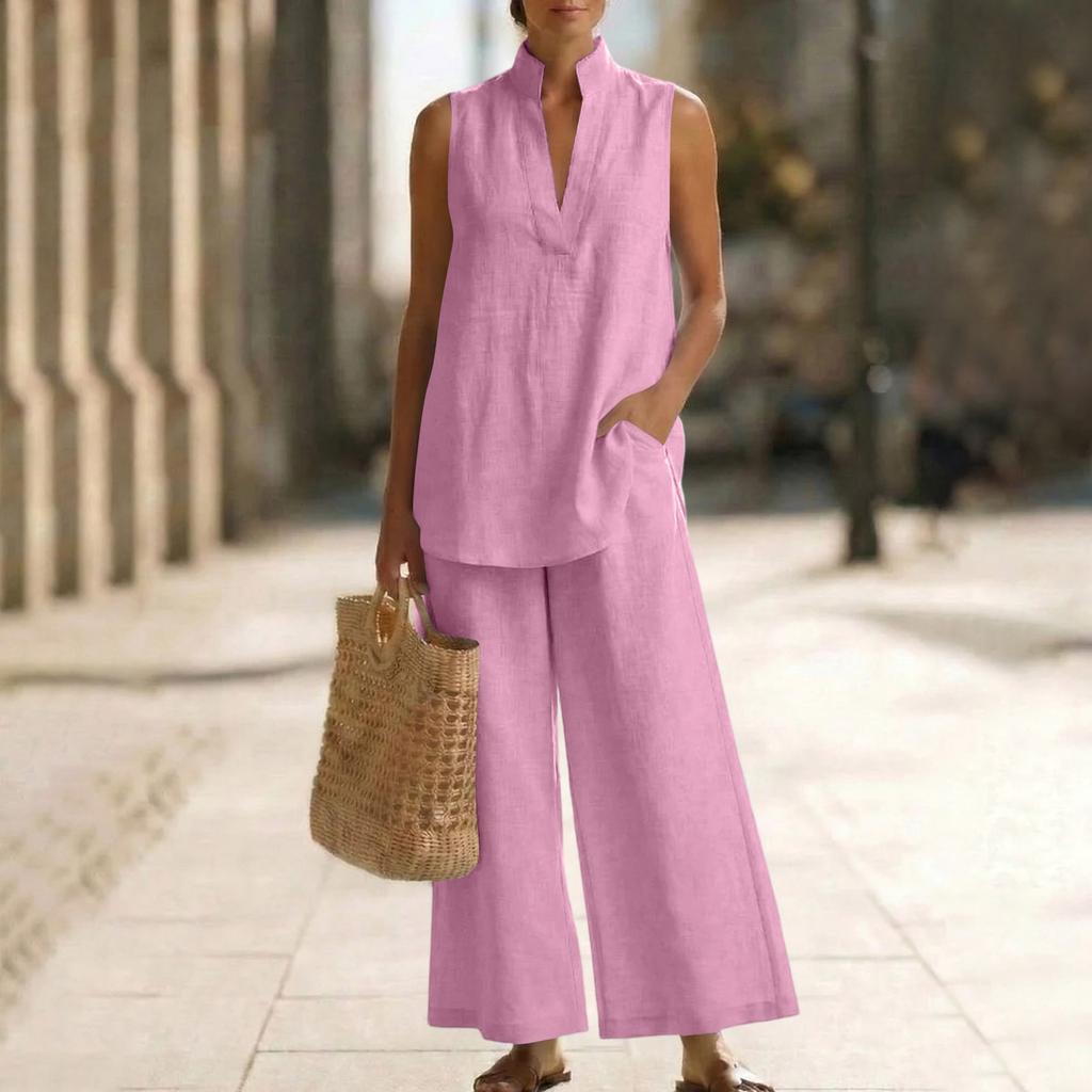 Women's Fashionable Loose V-neck Vest Sleeveless Pullover Top High-waisted Wide-leg Pants Set