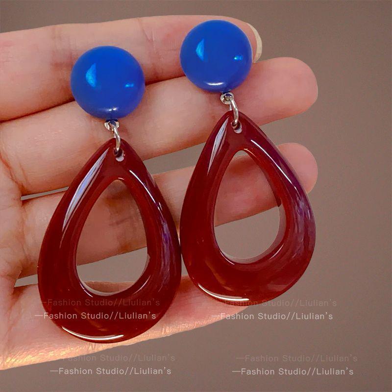 80s Hong Kong Style Red & Blue Clip-On Earrings for Non-Pierced Ears – High-End French Luxury Stud Hoops