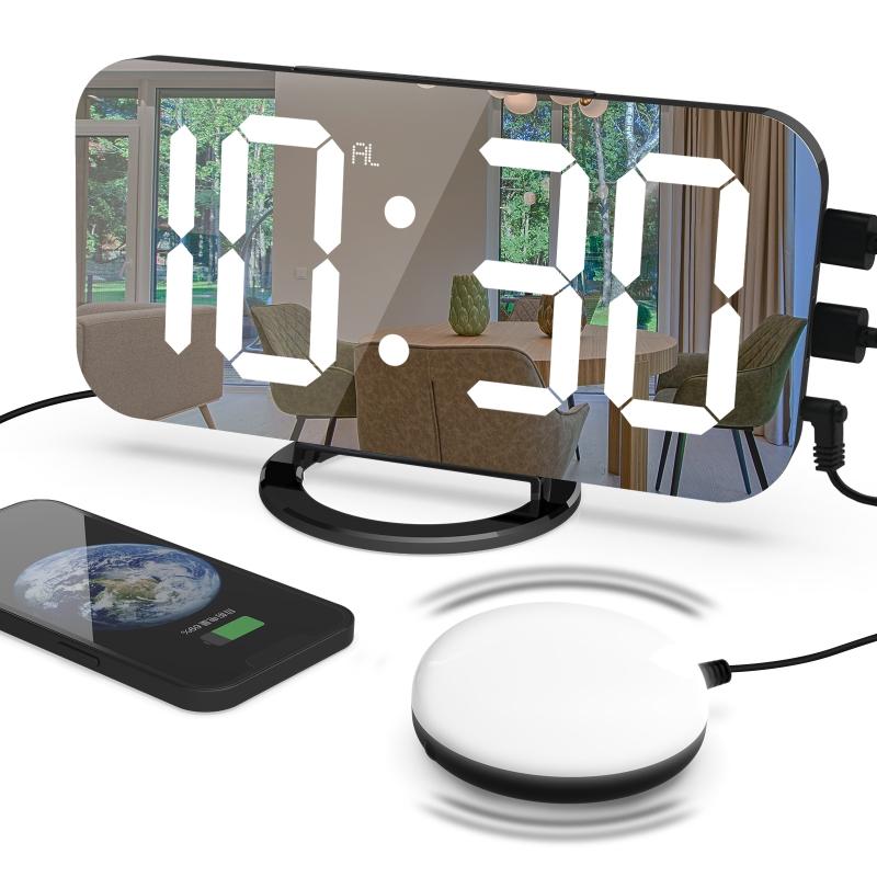 Home LED Digital Clock Large Display Loud Vibrating Alarm Mirror Night Light Snooze Dimmer for Bedroom Kid Heavy Sleeper