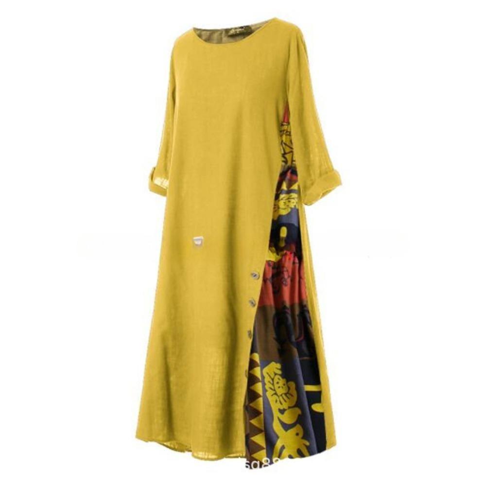 LYRIA Baumwolle Leinen Vintage Lange Kleider Damen Dreiviertelärmel Splicing Druck Lockeres A-Linien-Kleid Mode Lässig Damen Maxi Vestido