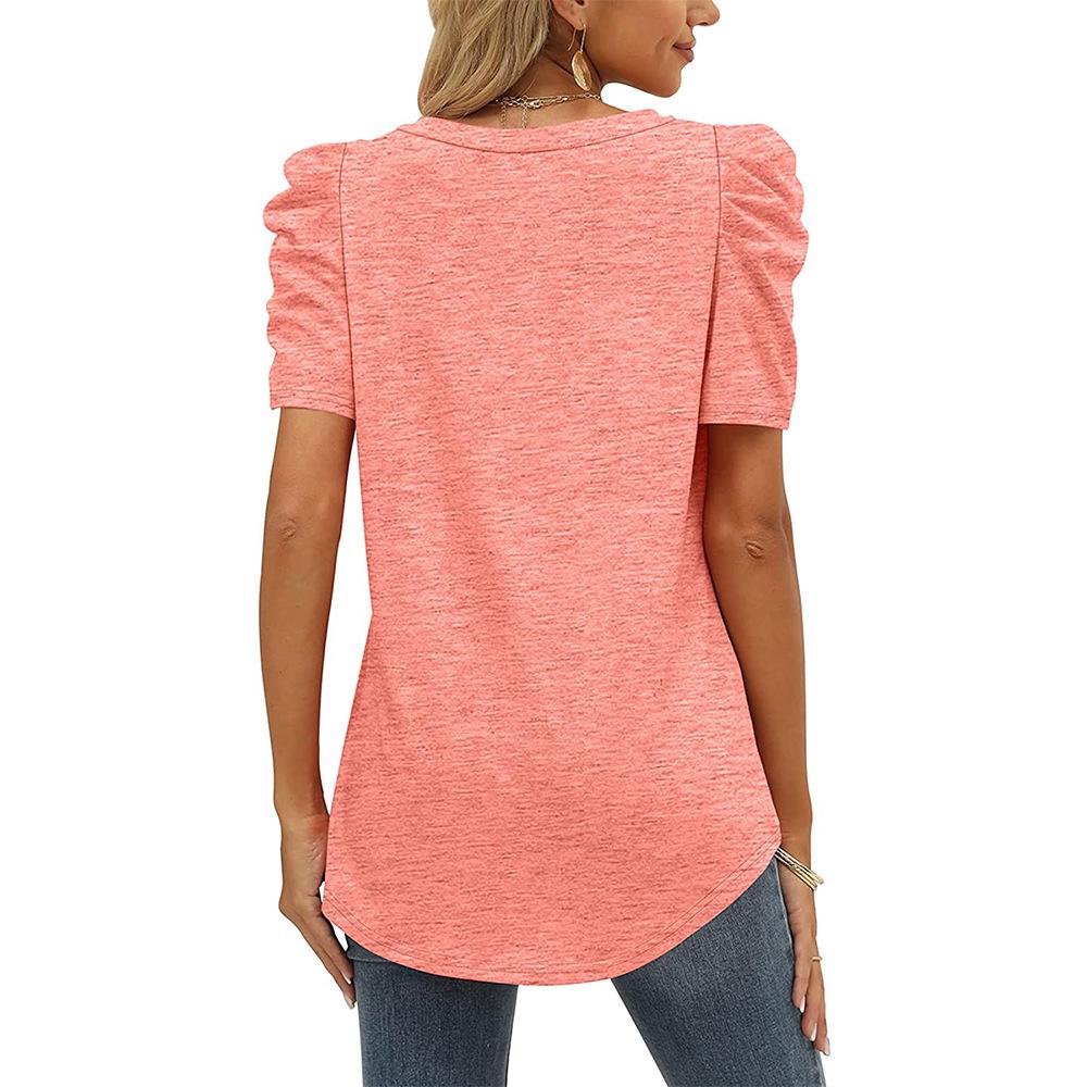 2024 European & American Style Ruched Patchwork V-Neck Short-Sleeve Women's T-Shirt