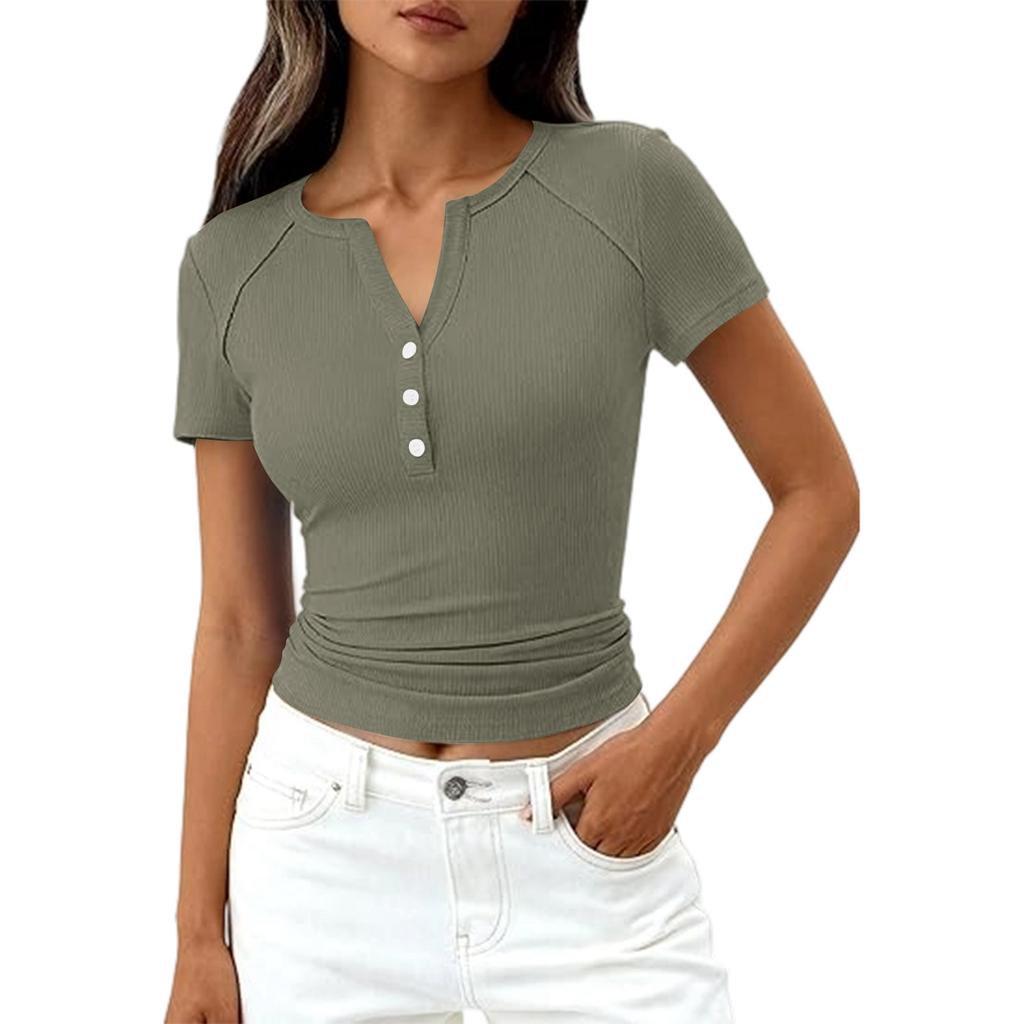 Women's Fashion Casual Color New Short-Sleeved Decorative Button V-Neck T-Shirt Top