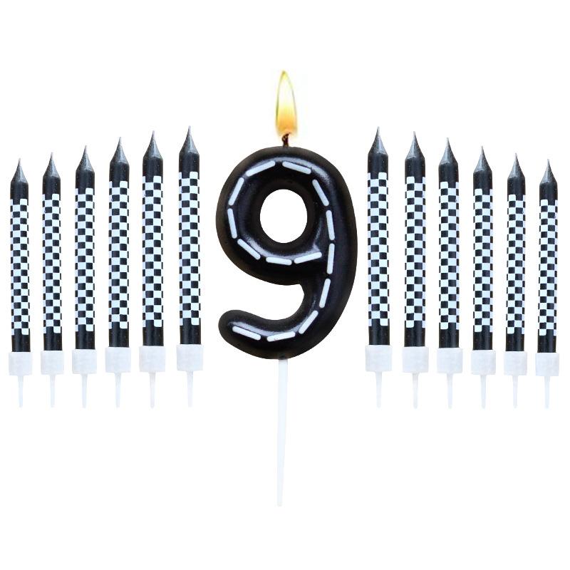 6Pcs 1 To 9 Number Candle For Racers Black and White Checkered Candle Anniversary Truck Candle Cake Topper Festival Candles Cake