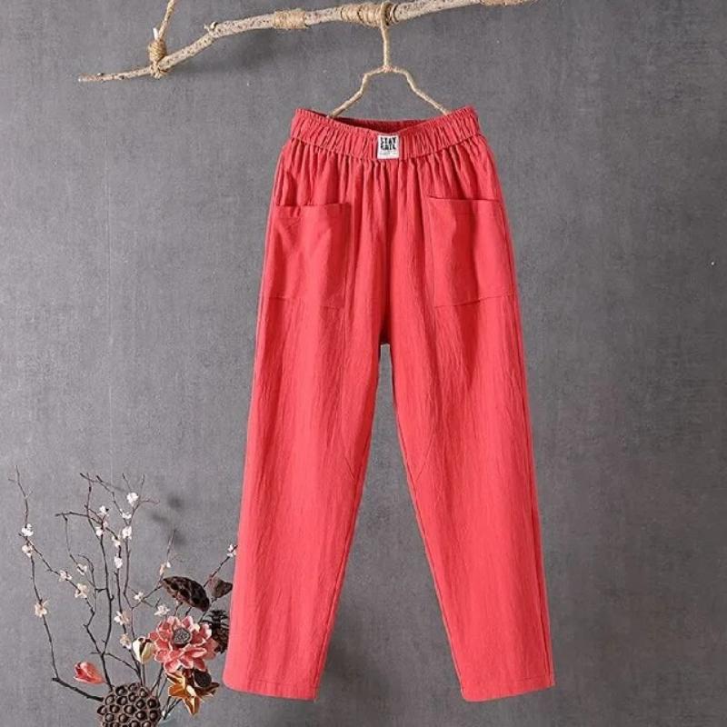 Cotton and Linen Casual Pants for Women Solid Loose Straight Pants Summer Thin Harem Pants White Red