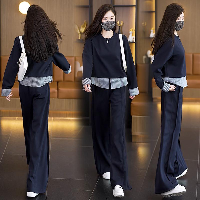 

Plus Size Women s Spring Casual Fashion Set: Loose Round Neck Top & Wide-Leg Pants 3XL темно-синього кольору
