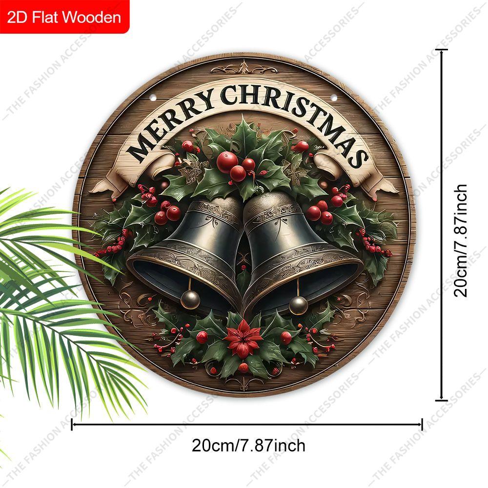 Merry Christmas Bells Holly Round Wooden Hanging Sign, 2D Flat Printed Christmas Wall Door Ornament, Xmas Holiday Home Decor Gift