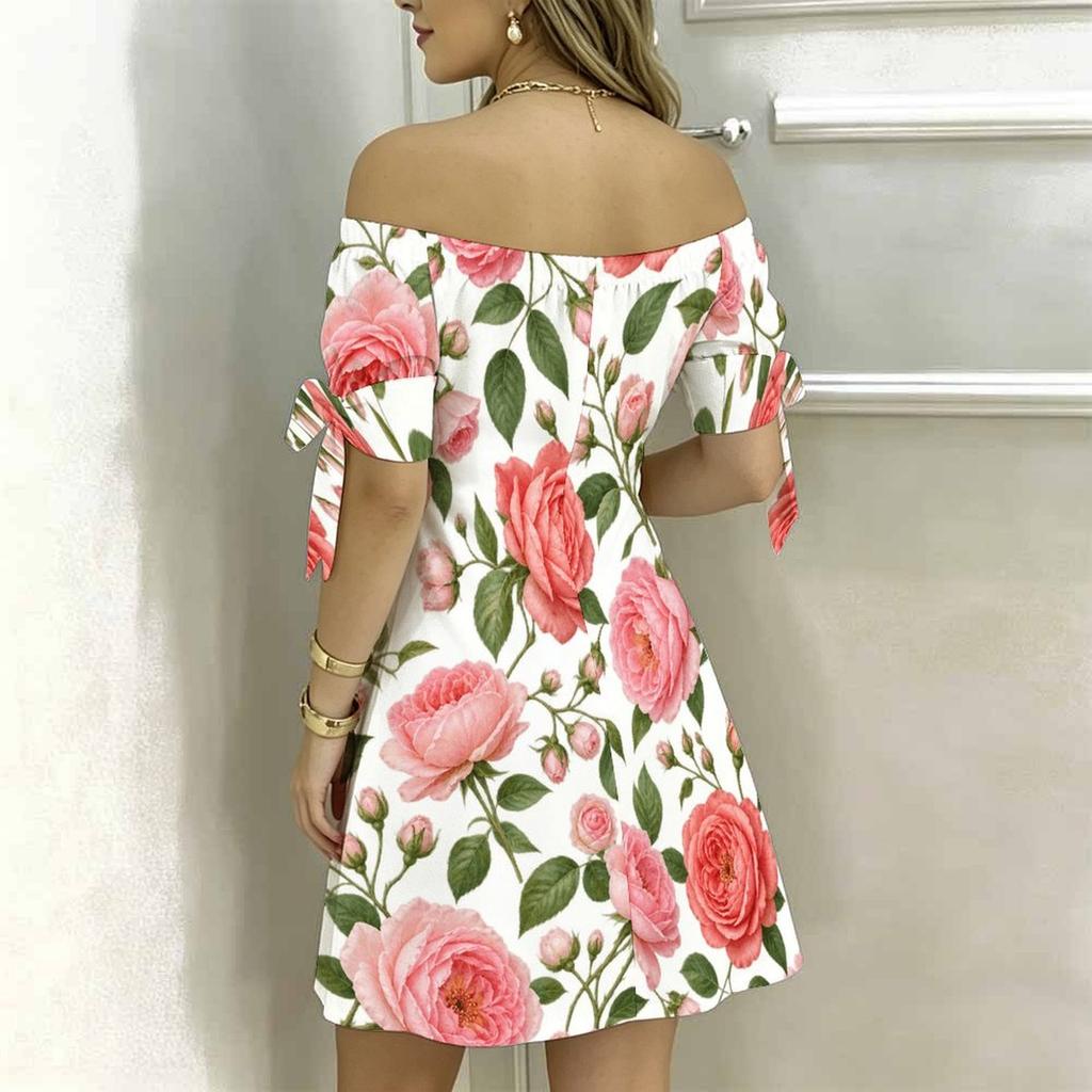 Women Plus Size Off Shoulder Short Sleeve Tie Cuff Printed White Blue Floral A Line Dress