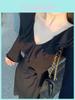 French Black Knit Long Sleeve Dress With Waist Tie For Spring Vacation Wear