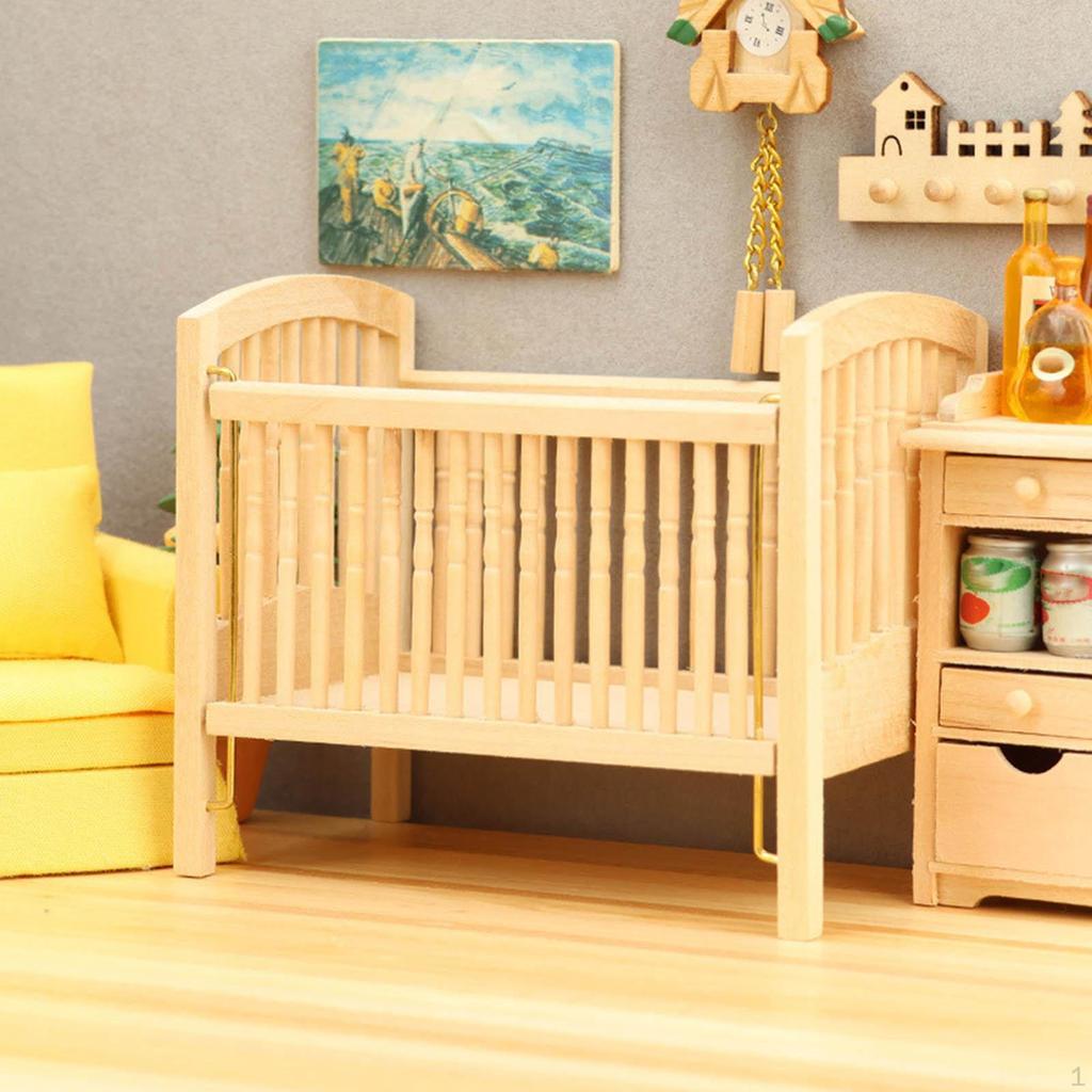 1/12 Baby Bed Miniature Wooden Doll Cradle Dollhouse Crib for Girls Decor