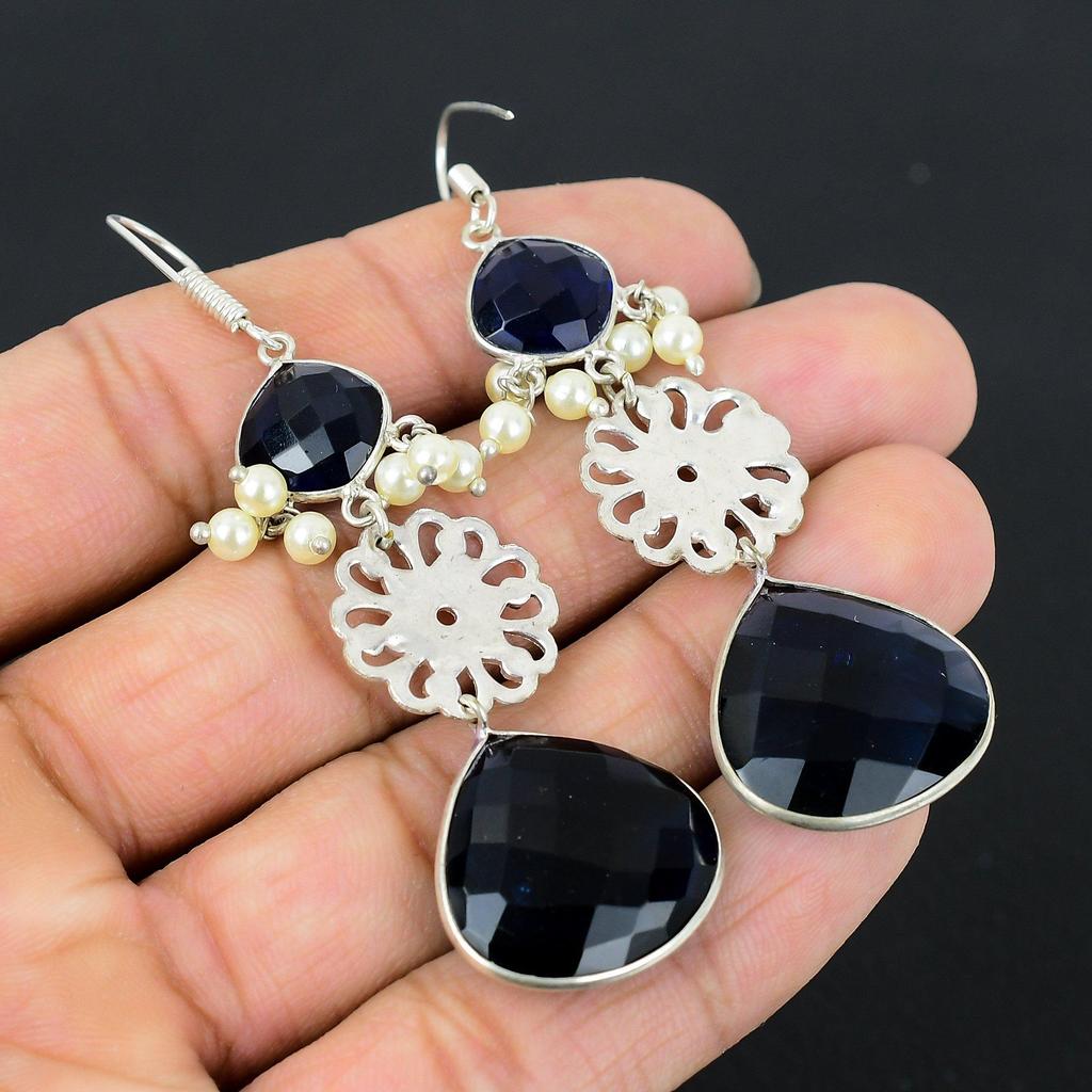 Birthday Gift For Her Natural London Blue Topaz Drop/Dangle Earrings 925 Silver