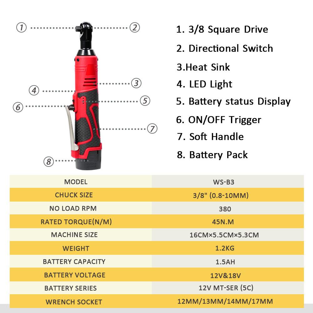 3/8 Inch Right Angle Ratchet Wrenches Impact Driver Power Tool Cordless Portable Impact Wrench Rechargeable Electric Wrench