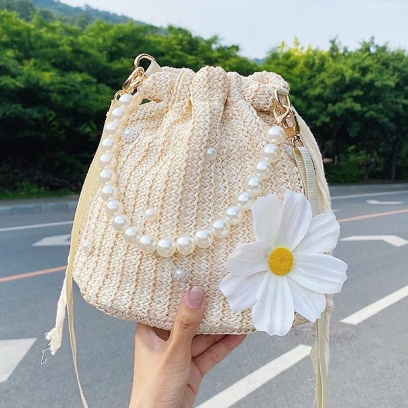 Mała Świeża Kwiatowa Tkana Torba Perłowy Łańcuszek Tote Holiday Wind Plażowa Crossbody Wiaderko