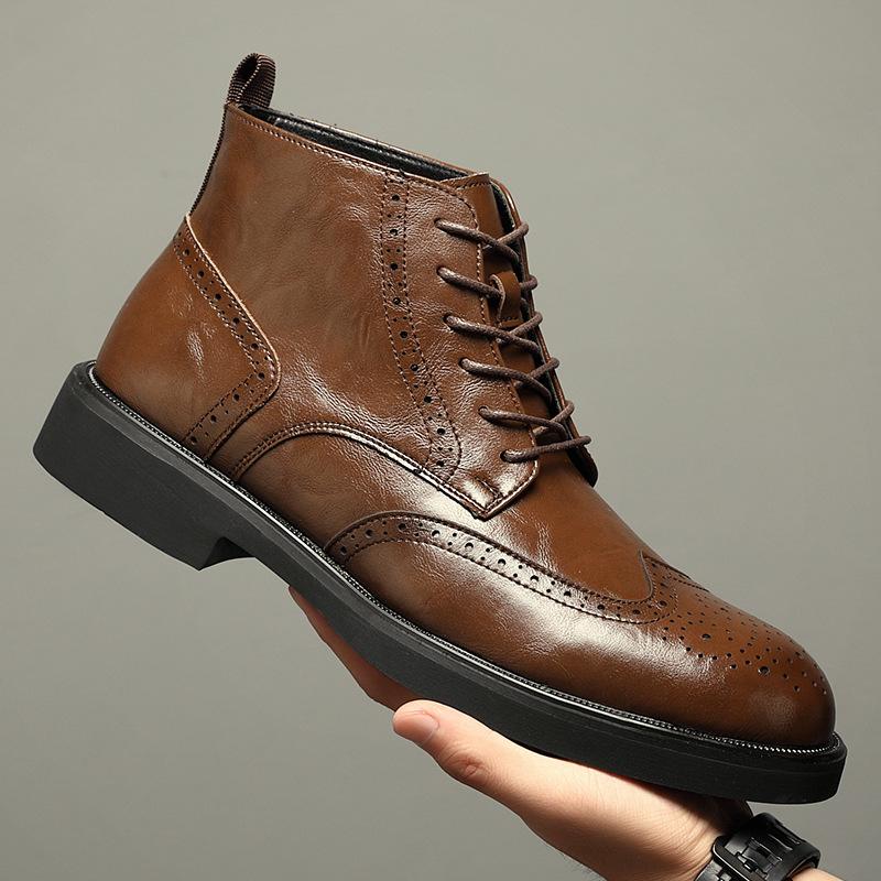 Martin Boots Men's British Style Retro Short Boots Business Dress Brock High-top Leather Shoes Winter Heightening Tooling Leather Boots