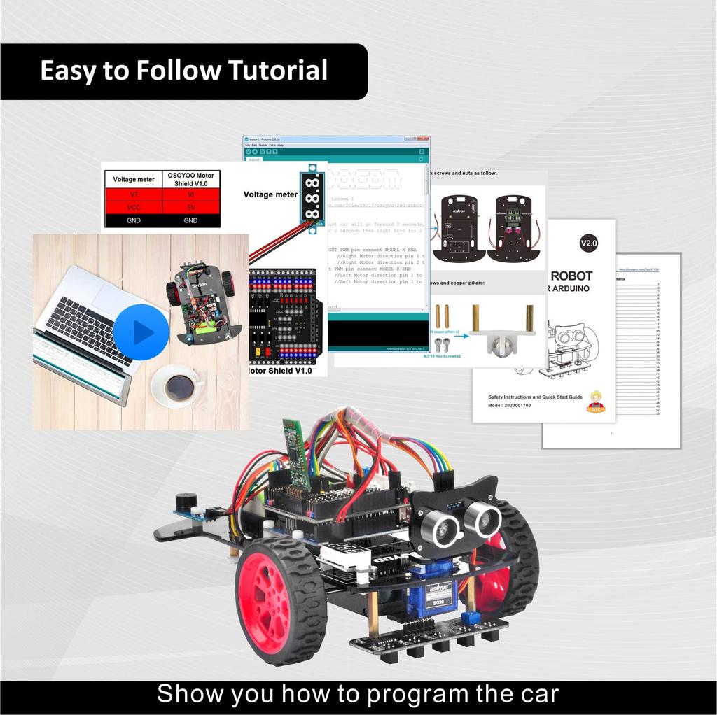 Startovací sada inteligentního robota do auta OSOYOO s pohonem 2 kol Kompatibilní s Arduino UNO R3 Project 2WD Sada inteligentního robota do auta s otevřeným zdrojovým kódem Vzdělávací robot pro vzdělávání