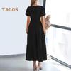Women's Summer Maxi Dress Casual V-Neck Short Sleeve Tiered Flowy Dress Smocked Waist Pleated Long Dress