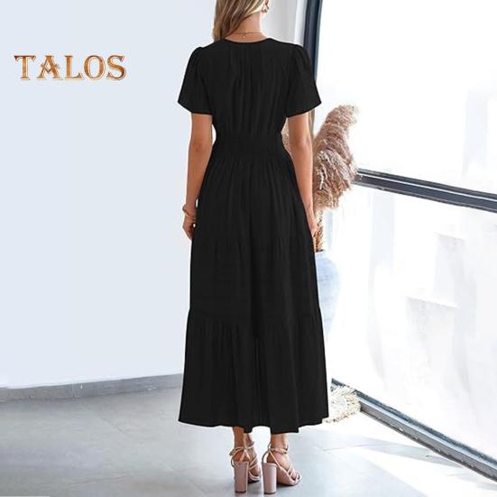 Women's Summer Maxi Dress Casual V-Neck Short Sleeve Tiered Flowy Dress Smocked Waist Pleated Long Dress