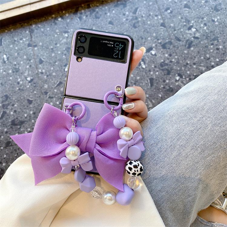 Applicable To Samsung ZFlip5 Mobile Phone Case Folding Screen Solid Color Leather Case Zflip4 Butterfly Portable Chain Back Cover Protective Case