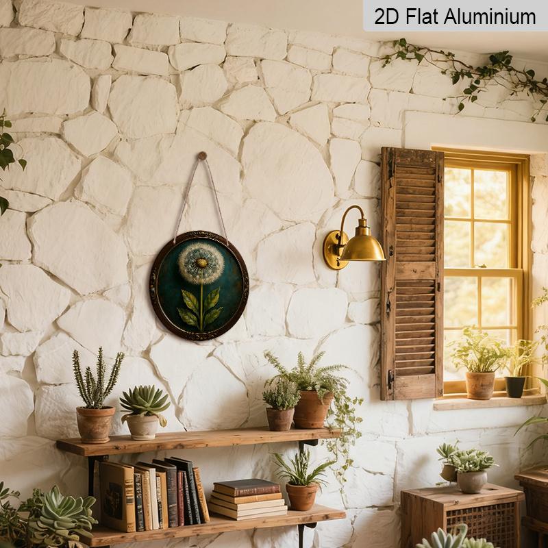 2D Flat, 1pc Vintage Aluminum Metal Sign Wall Art, Dandelion Design with Teal Background & Ornate Golden Frame, 7.87in Indoor/Outdoor Home Cafe