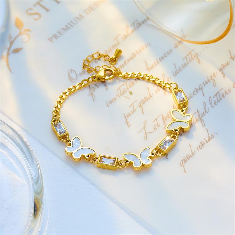 Gold Butterfly Shell Crystal Bracelet – Delicate Romantic Jewelry, Graceful Transformation Gift for Women
