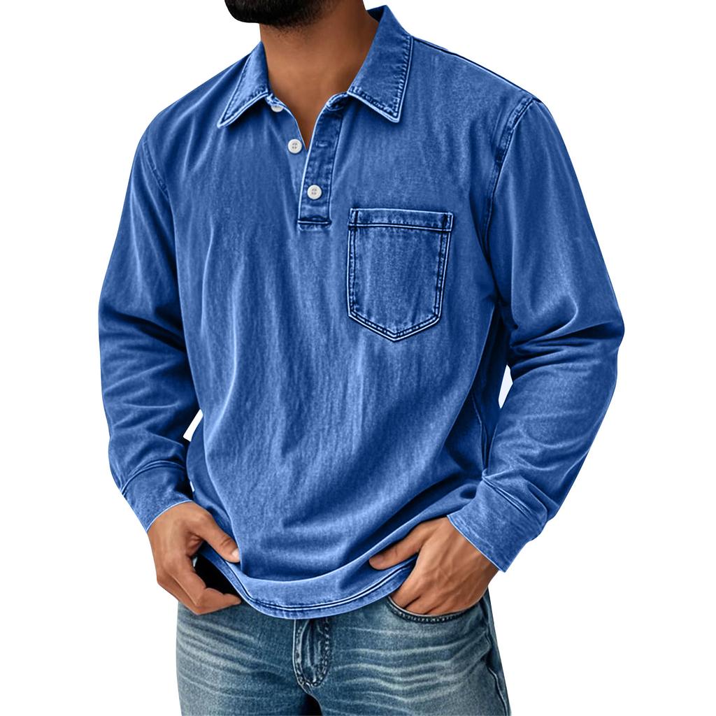 Men's Solid Color Washed Sports Button Pocket Lapel Collar Long Sleeve Top