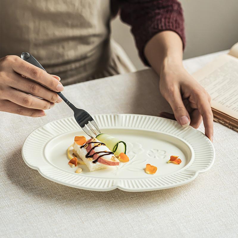 Delicate Relief Flower Ceramic Plate Household Tableware Cream Style Large Vegetable Plate Fish Plate Simple Dessert Plate