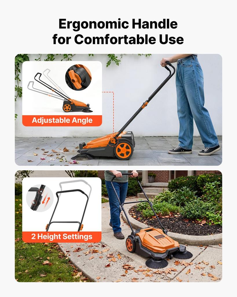 Walk-Behind Hand Push Floor Sweeper, Manual Floor Sweeper Non-Electric with 650mm Sweeping Width, 18.9L Waste Container & Adjustable Folding Handle